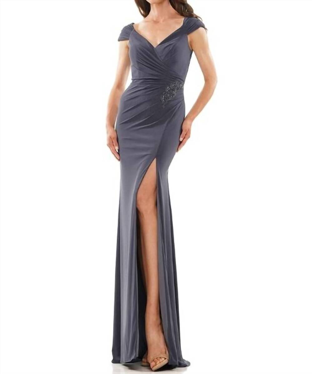 NEW COLORS DRESS cap sleeve jersey gown in gunmetal